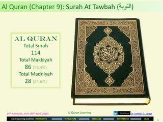 1
Surah Learning Outlines: HIGHLIGHTS STRUCTURE MESSAGE REFERENCES QUIZ
07th Ramadan, 1441 (30th April, 2020)
Al Quran
Total Surah
114
Total Makkiyah
86 (75.4%)
Total Madniyah
28 (24.6%)
Al Quran (Chapter 9): Surah At Tawbah (‫)التوبة‬
Dr. Jameel G. JargarAl Quran Learning
 