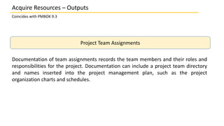 Coincides with PMBOK 9.3
Project Team Assignments
Documentation of team assignments records the team members and their roles and
responsibilities for the project. Documentation can include a project team directory
and names inserted into the project management plan, such as the project
organization charts and schedules.
Acquire Resources – Outputs
 