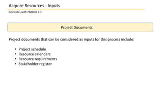 Coincides with PMBOK 9.3
Project Documents
Project documents that can be considered as inputs for this process include:
• Project schedule
• Resource calendars
• Resource requirements
• Stakeholder register
Acquire Resources - Inputs
 