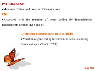 Page 188
PATHOGENESIS
Mutations of structural proteins of the epidermis
EBS
Associated with the mutation of genes coding for Intraepidermal
tonofilaments-keratins (K) 5 and 14.
Dystrophic Epidermiolysis Bullosa (DEB)
 Mutation of gene coding for sublamina densa-anchoring
fibrils, collagen VII (COL7A1).
 