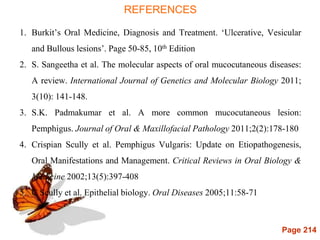 Page 214
REFERENCES
1. Burkit’s Oral Medicine, Diagnosis and Treatment. ‘Ulcerative, Vesicular
and Bullous lesions’. Page 50-85, 10th Edition
2. S. Sangeetha et al. The molecular aspects of oral mucocutaneous diseases:
A review. International Journal of Genetics and Molecular Biology 2011;
3(10): 141-148.
3. S.K. Padmakumar et al. A more common mucocutaneous lesion:
Pemphigus. Journal of Oral & Maxillofacial Pathology 2011;2(2):178-180
4. Crispian Scully et al. Pemphigus Vulgaris: Update on Etiopathogenesis,
Oral Manifestations and Management. Critical Reviews in Oral Biology &
Medicine 2002;13(5):397-408
5. C Scully et al. Epithelial biology. Oral Diseases 2005;11:58-71
 