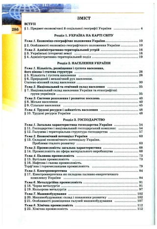 286
ЗМІСТ
ВСТУП
§ 1. Предмет економічної й соціальної географії України ...............................4
Розділ 1. УКРАЇНА НА КАРТІ СВІТУ
Тема 1. Економіко-географічне положення України...................................... 10
§ 2. Особливості економіко-географічного положення України.....................10
Геліа 2. Адміністративно-територіальний устрій ........................................... 16
§ 3. Українські історичні землі ..........................................................................16
§ 4. Адміністративно-територіальний поділ......................................................19
Розділ 2. НАСЕЛЕННЯ УКРАЇНИ
Тема 1. Кількість, розміщення і густота населення,
його вікова і статева структура ......................................................................... 26
§ 5. Кількість і густота населення .....................................................................26
§ 6. Природний і механічний рух населення.
Статево-віковий склад населення.......................................................................ЗО
Тема 2. Національний та етнічний склад населення ....................................35
§ 7. Національний склад населення України та етнографічні
групи українців ..............................................................................................35
Тема 3. Системи розселення і розвиток поселень........................................... 40
§ 8. Міське населення........................................................................................... 40
§ 9. Сільське населення ...................................................................................... 45
Тема 4. Трудові ресурси і зайнятість населення ........................................... 48
§ 10. Трудові ресурси України ............................................................................48
Розділ 3. ГОСПОДАРСТВО
Тема 1. Загальна характеристика господарства України ............................ 54
§ 11. Господарство і національний господарський комплекс ....................... 54
§ 12. Галузева і територіальна структура господарства ................................. 57
Тема 2. Економічний потенціал України ........................................................63
§ 13. Складові економічного потенціалу України.
Проблеми сталого розвитку ....................................................................... 63
Тема 3. Промисловість: загальна характеристика .........................................68
§ 14. Промисловість як сфера матеріального виробництва............................ 68
Тема 4. Паливна промисловість ....................................................................... 73
§ 15. Вугільна промисловість ............................................................................ 73
§ 16. Нафтова і газова промисловість.
Торф’яна і горючесланцева промисловість ......................................................79
Тема 5. Електроенергетика ...............................................................................84
§ 17. Електроенергетика як складова паливно-енергетичного
комплексу України ...................................................................................... 84
Тема 6. Металургійна промисловість............................................................... 91
§ 18. Чорна металургія .........................................................................................91
§ 19. Кольорова металургія ................................................................................. 97
Тема 7. Машинобудування ...............................................................................102
§ 20. Машинобудування: склад і показники розвитку ................................. 102
§ 21. Особливості розміщення галузей машинобудування ..........................107
Тема 8. Хімічна промисловість ....................................................................... 112
§ 22. Хімічна промисловість ............................................................................ 112
 