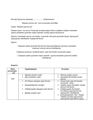 Батлав.Сургалтын менежер......................./Б.Буянхишиг/

                  “Барокко урсгал дэг” нэгж хичээлийн хөтөлбөр

   Сэдэв: “Барокко урсгал дэг”

   Хамрах хүрээ: 9-р анги/ 7-8 дугаар ангидаа ардын болон симфони найрал хөгжмийн
   зэмсэг,хөгжмийн урлагийн төрөл зүйлийн талаар мэдлэгтэй болсон/

   Зорилго: Хөгжмийн урсгал чиглэлийн онцлогийг ойлгуулж,урлагийн бусад төрлүүдтэй
   харьцуулах,тайлбарлах чадвартай болох

   Зорилт:

             1.Барокко үеийн урлагийн бүтээлтэй танилцаж,барокко урсгалын хөгжмийн
                               зохиолыг сонсож ойлгох,тайлбарлах

          2.Барокко урсгалын төлөөлөгчдийн уран бүтээлийн онцлогийн мэдэх

             3. Барокко үеийн урлагийн төрөл зүйлийг судлах,хөгжмийн урлагтай холбон
                                           тайлбарлах



   Агуулга:

   Нэгж               Судлагдахуун                                     Ур ухаан
хичээлийн
     цаг
                  •   Барокко дэгийн тухай                        •   Ойлгож ухаарч унших
                  •   Дан хөгжмийн тухай                          •   Хөгжмийн бүтээлийн ялгааг
   3цаг                                                               ойлгох
                  •   И.С.Бахын амьдрал уран бүтээл               •   Зохиолчийн уран бүтээлийн
                                                                      онцлогийг таних
                  •   Бранденбургийн концерт                      •   Сүмийн орган хөгжмийн талаар
                                                                      ойлголттой болох
                  •   А.Вивальдийн амьдрал уран бүтээл            •   А.Вивальдийн бүтээлийг
                                                                      И.С.Бахын уран бүтээлтэй
                  •   Дөрвөн улирал /зун/                             харьцуулан тайлбарлах
                                                                  •   Д.Нацагдоржийн “Зун” “Хавар”
                                                                      “Намар”шүлгийн дүрслэлээс
                                                                      оролцуулан ярих,бичих,зурах
 