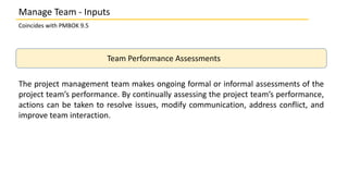 Coincides with PMBOK 9.5
Team Performance Assessments
The project management team makes ongoing formal or informal assessments of the
project team’s performance. By continually assessing the project team’s performance,
actions can be taken to resolve issues, modify communication, address conflict, and
improve team interaction.
Manage Team - Inputs
 