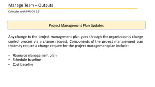 Coincides with PMBOK 9.5
Project Management Plan Updates
Any change to the project management plan goes through the organization’s change
control process via a change request. Components of the project management plan
that may require a change request for the project management plan include:
• Resource management plan
• Schedule baseline
• Cost baseline
Manage Team – Outputs
 