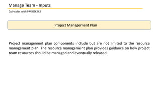Manage Team - Inputs
Coincides with PMBOK 9.5
Project Management Plan
Project management plan components include but are not limited to the resource
management plan. The resource management plan provides guidance on how project
team resources should be managed and eventually released.
 