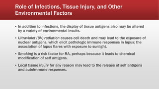 ▪ In addition to infections, the display of tissue antigens also may be altered
by a variety of environmental insults.
▪ Ultraviolet (UV) radiation causes cell death and may lead to the exposure of
nuclear antigens, which elicit pathologic immune responses in lupus; the
association of lupus flares with exposure to sunlight.
▪ Smoking is a risk factor for RA, perhaps because it leads to chemical
modification of self antigens.
▪ Local tissue injury for any reason may lead to the release of self antigens
and autoimmune responses.
Role of Infections, Tissue Injury, and Other
Environmental Factors
 