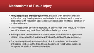 Mechanisms of Tissue Injury
▪ Anti-phospholipid antibody syndrome. Patients with antiphospholipid
antibodies may develop venous and arterial thromboses, which may be
associated with recurrent spontaneous miscarriages and focal cerebral or
ocular ischemia.
▪ This constellation of clinical features, in association with lupus, is referred
to as the secondary antiphospholipid antibody syndrome.
▪ Some patients develop these autoantibodies and the clinical syndrome
without associated SLE; primary anti-phospholipid antibody syndrome
▪ The neuropsychiatric manifestations of SLE have been attributed to
antibodies that cross the blood-brain barrier and react with neurons or
receptors for various neurotransmitters.
 