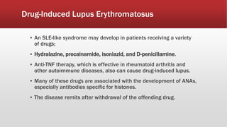 Drug-Induced Lupus Erythromatosus
▪ An SLE-like syndrome may develop in patients receiving a variety
of drugs;
▪ Hydralazine, procainamide, isoniazid, and D-penicillamine.
▪ Anti-TNF therapy, which is effective in rheumatoid arthritis and
other autoimmune diseases, also can cause drug-induced lupus.
▪ Many of these drugs are associated with the development of ANAs,
especially antibodies specific for histones.
▪ The disease remits after withdrawal of the offending drug.
 