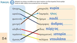 Μπορείς να ενώσεις τα επίθετα που έχουν περίπου την ίδια σημασία; Έπειτα γράψε
δίπλα σε κάθε επίθετο ένα ουσιαστικό που να ταιριάζει.
 