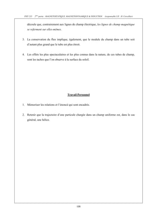 PHY 235 2ème partie : MAGNETOSTATIQUE, MAGNETODYNAMIQUE & INDUCTION (responsable UE : H. Cercellier) 
découle que, contrairement aux lignes de champ électrique, les lignes de champ magnétique 
se referment sur elles-mêmes. 
3. La conservation du flux implique, également, que le module du champ dans un tube soit 
d’autant plus grand que le tube est plus étroit. 
4. Les effets les plus spectaculaires et les plus connus dans la nature, de ces tubes de champ, 
sont les taches que l’on observe à la surface du soleil. 
Travail Personnel 
1. Mémoriser les relations et l’énoncé qui sont encadrés. 
2. Retenir que la trajectoire d’une particule chargée dans un champ uniforme est, dans le cas 
108 
général, une hélice. 
 