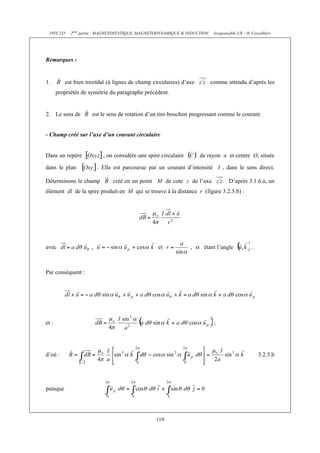 PHY 235 2ème partie : MAGNETOSTATIQUE, MAGNETODYNAMIQUE & INDUCTION (responsable UE : H. Cercellier) 
119 
Remarques : 
1. est bien toroïdal (à lignes de champ circulaires) d’axe comme attendu d’après les 
propriétés de symétrie du paragraphe précédent. 
2. Le sens de est le sens de rotation d’un tire-bouchon progressant comme le courant. 
- Champ créé sur l’axe d’un courant circulaire 
Dans un repère , on considère une spire circulaire de rayon a et centre O, située 
dans le plan . Elle est parcourue par un courant d’intensité I , dans le sens direct. 
Déterminons le champ créé en un point M de cote z de l’axe . D’après 3.1.6.a, un 
élément dl de la spire produit en M qui se trouve à la distance r (figure 3.2.5.b) : 
avec , et , étant l’angle . 
Par conséquent : 
et : ; 
d’où : 3.2.5.b 
puisque 
 