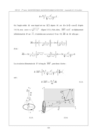 PHY 235 2ème partie : MAGNETOSTATIQUE, MAGNETODYNAMIQUE & INDUCTION (responsable UE : H. Cercellier) 
126 
. 
Or, l’angle solide sous lequel est vue depuis M , est d’après 
1.4.1.b, avec (figure 3.3.3.). Soit, alors, un déplacement 
infinitésimal de M sur ; il entraîne une variation (> 0 ou < 0) de telle que : 
d’où : 
La circulation élémentaire de le long de , peut donc s’écrire : 
soit : 
3.3.3. 
3.3.3. 3.3.4. 
 