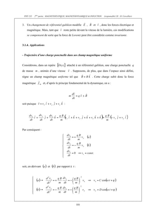PHY 235 2ème partie : MAGNETOSTATIQUE, MAGNETODYNAMIQUE & INDUCTION (responsable UE : H. Cercellier) 
3. Un changement de référentiel galiléen modifie , et , donc les forces électrique et 
magnétique. Mais, tant que reste petite devant la vitesse de la lumière, ces modifications 
se compensent de sorte que la force de Lorentz peut être considérée comme invariante. 
101 
3.1.4. Applications 
- Trajectoire d’une charge ponctuelle dans un champ magnétique uniforme 
Considérons, dans un repère attaché à un référentiel galiléen, une charge ponctuelle q 
de masse m , animée d’une vitesse . Supposons, de plus, que dans l’espace ainsi défini, 
règne un champ magnétique uniforme tel que . Cette charge subit donc la force 
magnétique et, d’après le principe fondamental de la dynamique, on a : 
soit puisque : 
Par conséquent : 
soit, en dérivant et par rapport à t : 
 