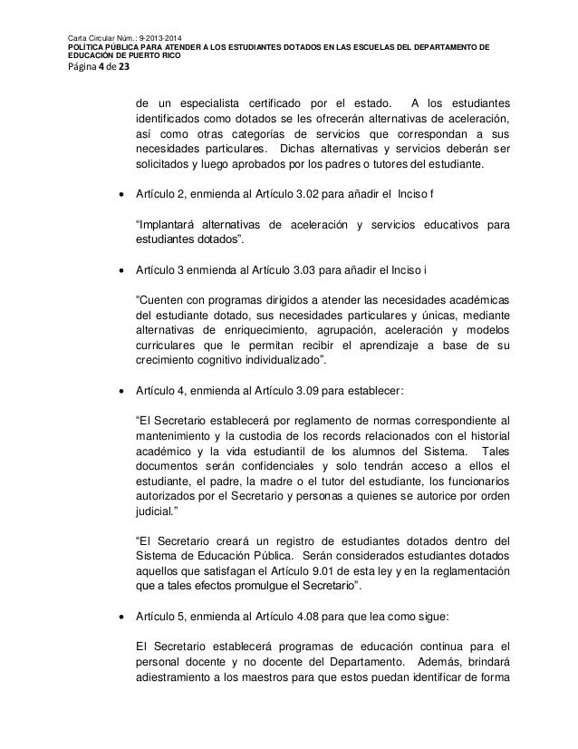 Carta circular 9-2013-2014 / Estudiantes dotados