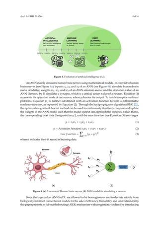 Appl. Sci. 2020, 10, 6564 4 of 16
Appl. Sci. 2020, 10, x 4 of 16
Figure 3. Evolution of artificial intelligence (AI).
An ANN mainly simulates human brain nerves using mathematical models. In contrast to
human brain nerves (see Figure 4a), inputs x1, x2, and x3 of an ANN (see Figure 4b) simulate human
brain nerve dendrites; weights w1, w2, and w3 of an ANN simulate axons; and the deviation value of
an ANN (denoted by b) simulates a synapse, which is a critical action value of a neuron. Equation (1)
represents the operation mode of one neuron, where y denotes the output. To handle complex
nonlinear problems, Equation (1) is further substituted with an activation function to form a
differentiable nonlinear function, as expressed by Equation (2). Through the backpropagation
algorithm (BPA) [22], the optimization gradient descent method can be used to continuously
iteratively compute and update the weights in the ANN model such that the model output can
approach the expected value, that is, the corresponding label data (designated as yi’), until the error
function (see Equation (3)) converges.
1 1 2 2 3 3
y x w x w x w
   (1)
1 1 2 2 3 3
( )
y Activation function x w x w x w
   (2)
2
0
( ')
i i
i
Loss function y y

 
 (3)
where i indicates the i-th record of training data.
(a) (b)
Figure 4. (a) A neuron of Human brain nerves; (b) ANN model for simulating a neuron.
Since the layers of an ANN in DL are allowed to be heterogeneous and to deviate widely from
biologically informed connectionist models for the sake of efficiency, trainability, and
Figure 3. Evolution of artificial intelligence (AI).
An ANN mainly simulates human brain nerves using mathematical models. In contrast to human
brain nerves (see Figure 4a), inputs x1, x2, and x3 of an ANN (see Figure 4b) simulate human brain
nerve dendrites; weights w1, w2, and w3 of an ANN simulate axons; and the deviation value of an
ANN (denoted by b) simulates a synapse, which is a critical action value of a neuron. Equation (1)
represents the operation mode of one neuron, where y denotes the output. To handle complex nonlinear
problems, Equation (1) is further substituted with an activation function to form a differentiable
nonlinear function, as expressed by Equation (2). Through the backpropagation algorithm (BPA) [22],
the optimization gradient descent method can be used to continuously iteratively compute and update
the weights in the ANN model such that the model output can approach the expected value, that is,
the corresponding label data (designated as yi’), until the error function (see Equation (3)) converges.
y = x1w1 + x2w2 + x3w3 (1)
y = Activation function(x1w1 + x2w2 + x3w3) (2)
Loss function =
X
i=0
(yi − yi
0
)2
(3)
where i indicates the i-th record of training data.
Appl. Sci. 2020, 10, x 4 of 16
Figure 3. Evolution of artificial intelligence (AI).
An ANN mainly simulates human brain nerves using mathematical models. In contrast to
human brain nerves (see Figure 4a), inputs x1, x2, and x3 of an ANN (see Figure 4b) simulate human
brain nerve dendrites; weights w1, w2, and w3 of an ANN simulate axons; and the deviation value of
an ANN (denoted by b) simulates a synapse, which is a critical action value of a neuron. Equation (1)
represents the operation mode of one neuron, where y denotes the output. To handle complex
nonlinear problems, Equation (1) is further substituted with an activation function to form a
differentiable nonlinear function, as expressed by Equation (2). Through the backpropagation
algorithm (BPA) [22], the optimization gradient descent method can be used to continuously
iteratively compute and update the weights in the ANN model such that the model output can
approach the expected value, that is, the corresponding label data (designated as yi’), until the error
function (see Equation (3)) converges.
1 1 2 2 3 3
y x w x w x w
   (1)
1 1 2 2 3 3
( )
y Activation function x w x w x w
   (2)
2
0
( ')
i i
i
Loss function y y

 
 (3)
where i indicates the i-th record of training data.
(a) (b)
Figure 4. (a) A neuron of Human brain nerves; (b) ANN model for simulating a neuron.
Since the layers of an ANN in DL are allowed to be heterogeneous and to deviate widely from
biologically informed connectionist models for the sake of efficiency, trainability, and
Figure 4. (a) A neuron of Human brain nerves; (b) ANN model for simulating a neuron.
Since the layers of an ANN in DL are allowed to be heterogeneous and to deviate widely from
biologically informed connectionist models for the sake of efficiency, trainability, and understandability,
this paper presents an AI-enabled routing (AIER) mechanism with congestion avoidance by introducing
 
