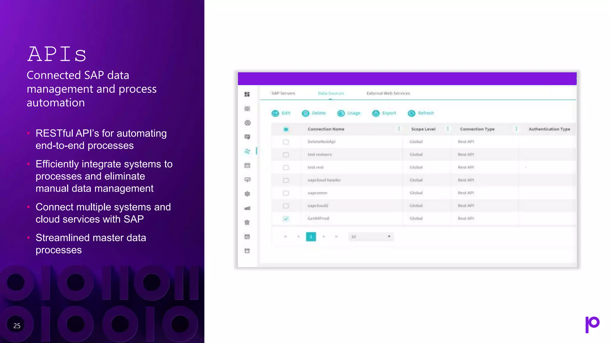 25
APIs
Connected SAP data
management and process
automation
• RESTful API’s for automating
end-to-end processes
• Efficiently integrate systems to
processes and eliminate
manual data management
• Connect multiple systems and
cloud services with SAP
• Streamlined master data
processes
 