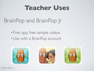 Teacher Uses
  BrainPop and BrainPop Jr
         • Freeapp, free sample videos
         • Use with a BrainPop account




Monica Burns
 