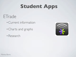 Student Apps
  ETrade
      • Current   information
      • Charts   and graphs
      • Research




Monica Burns
 