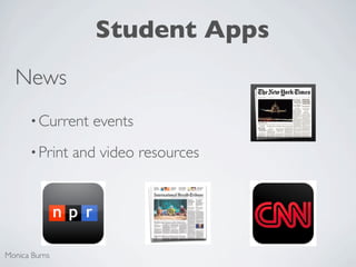 Student Apps
  News
      • Current    events
      • Print   and video resources




Monica Burns
 