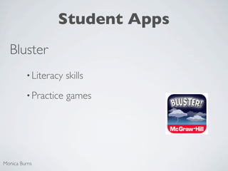 Student Apps
  Bluster
         • Literacy   skills
         • Practice   games




Monica Burns
 