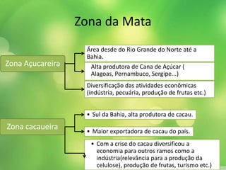 Zona da Mata
Zona Açucareira Alta produtora de Cana de Açúcar (
Alagoas, Pernambuco, Sergipe...)
Zona cacaueira
• Com a crise do cacau diversificou a
economia para outros ramos como a
indústria(relevância para a produção da
celulose), produção de frutas, turismo etc.)
Área desde do Rio Grande do Norte até a
Bahia.
Diversificação das atividades econômicas
(indústria, pecuária, produção de frutas etc.)
• Sul da Bahia, alta produtora de cacau.
• Maior exportadora de cacau do país.
 