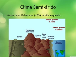 Clima Semi-árido
• Massa de ar Kalaariana (mTk), úmida e quente.
 