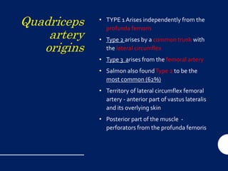 Quadriceps
artery
origins
• TYPE 1 Arises independently from the
profunda femoris
• Type 2 arises by a common trunk with
the lateral circumflex
• Type 3 arises from the femoral artery
• Salmon also foundType 2 to be the
most common (62%)
• Territory of lateral circumflex femoral
artery - anterior part of vastus lateralis
and its overlying skin
• Posterior part of the muscle -
perforators from the profunda femoris
 