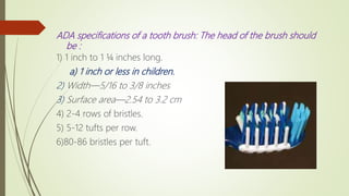 ADA specifications of a tooth brush: The head of the brush should
be :
1) 1 inch to 1 ¼ inches long.
a) 1 inch or less in children.
2) Width—5/16 to 3/8 inches
3) Surface area—2.54 to 3.2 cm
4) 2-4 rows of bristles.
5) 5-12 tufts per row.
6)80-86 bristles per tuft.
 