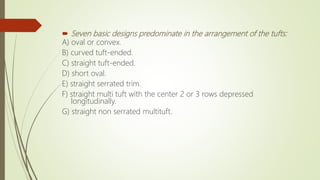  Seven basic designs predominate in the arrangement of the tufts:
A) oval or convex.
B) curved tuft-ended.
C) straight tuft-ended.
D) short oval.
E) straight serrated trim.
F) straight multi tuft with the center 2 or 3 rows depressed
longitudinally.
G) straight non serrated multituft.
 