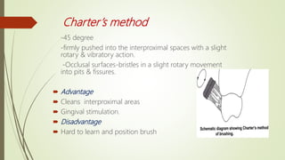 Charter’s method
-45 degree
-firmly pushed into the interproximal spaces with a slight
rotary & vibratory action.
-Occlusal surfaces-bristles in a slight rotary movement
into pits & fissures.
 Advantage
 Cleans interproximal areas
 Gingival stimulation.
 Disadvantage
 Hard to learn and position brush
 