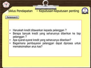 Siklus Pendapatan – Keputusan-keputusan penting
• Haruskah kredit ditawarkan kepada pelanggan ?
• Berapa banyak kredit yang seharusnya diberikan ke tiap
pelanggan ?
• Apa syarat-syarat kredit yang seharusnya diberikan?
• Bagaimana pembayaran pelanggan dapat diproses untuk
memaksimalkan arus kas?
Pertemuan 9
 