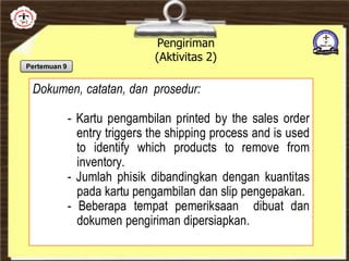 Pengiriman
(Aktivitas 2)
Dokumen, catatan, dan prosedur:
- Kartu pengambilan printed by the sales order
entry triggers the shipping process and is used
to identify which products to remove from
inventory.
- Jumlah phisik dibandingkan dengan kuantitas
pada kartu pengambilan dan slip pengepakan.
- Beberapa tempat pemeriksaan dibuat dan
dokumen pengiriman dipersiapkan.
Pertemuan 9
 
