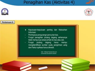 Penagihan Kas (Aktivitas 4)
Pertemuan 9
● Keputusan-keputusan penting dan Kebutuhan
Informasi:
- Pentingnya pengurangn pencuriankas.
- Fungsi penagihan piutang dagang seharusnya
tidak mempunyai akses phisik ke kas atau cek.
- Fungsi piutang dagang harus mampu
mengidentifikasi sumber suatu pengiriman uang
dan Faktur aplikasi harus dikredit.
Oleh : Widada Fakultas Ekonomi
Universitas Gunadarma Jakarta
 