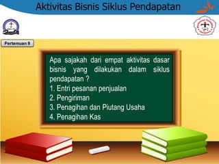 Aktivitas Bisnis Siklus Pendapatan
Apa sajakah dari empat aktivitas dasar
bisnis yang dilakukan dalam siklus
pendapatan ?
1. Entri pesanan penjualan
2. Pengiriman
3. Penagihan dan Piutang Usaha
4. Penagihan Kas
Pertemuan 9
 