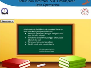 Kebutuhan Informasi Siklus Pendapatan
Data Operasional
Oleh : Widada Fakultas Ekonomi
Universitas Gunadarma Jakarta
Pertemuan 9
Data operasional dibutuhkan untuk mengawasi kinerja dan
untuk melakukan tugas-tugasrutin berikut ini :
● Merespons pertanyaan pelanggan mengenai saldo
akun dan status pesanan
● Memutuskan apakah kredit pelanggan tertentu dapat
ditambah atau tidak
● Menentukanketersediaan persediaan
● Memilih metode untuk mengirim barang
 
