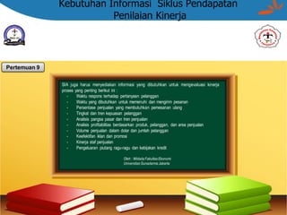 Kebutuhan Informasi Siklus Pendapatan
Penilaian Kinerja
Oleh : Widada Fakultas Ekonomi
Universitas Gunadarma Jakarta
Pertemuan 9
SIA juga harus menyediakan informasi yang dibutuhkan untuk mengevaluasi kinerja
proses yang penting berikut ini :
- Waktu respons terhadap pertanyaan pelanggan
- Waktu yang dibutuhkan untuk memenuhi dan mengirim pesanan
- Persentase penjualan yang membutuhkan pemesanan ulang
- Tingkat dan tren kepuasan pelanggan
- Analisis pangsa pasar dan tren penjualan
- Analisis profitabilitas berdasarkan produk, pelanggan, dan area penjualan
- Volume penjualan dalam dolar dan jumlah pelanggan
- Keefektifan iklan dan promosi
- Kinerja staf penjualan
- Pengeluaran piutang ragu-ragu dan kebijakan kredit
 