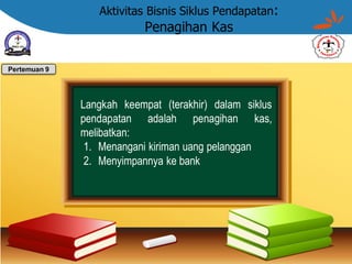 Aktivitas Bisnis Siklus Pendapatan:
Penagihan Kas
Langkah keempat (terakhir) dalam siklus
pendapatan adalah penagihan kas,
melibatkan:
1. Menangani kiriman uang pelanggan
2. Menyimpannya ke bank
Pertemuan 9
 