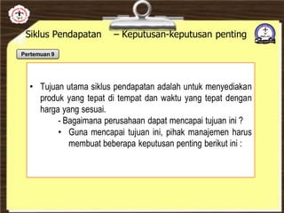 Siklus Pendapatan – Keputusan-keputusan penting
• Tujuan utama siklus pendapatan adalah untuk menyediakan
produk yang tepat di tempat dan waktu yang tepat dengan
harga yang sesuai.
- Bagaimana perusahaan dapat mencapai tujuan ini ?
• Guna mencapai tujuan ini, pihak manajemen harus
membuat beberapa keputusan penting berikut ini :
Pertemuan 9
 