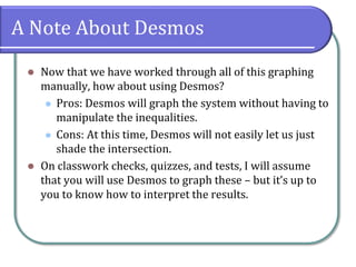 A Note About Desmos
 Now that we have worked through all of this graphing
manually, how about using Desmos?
 Pros: Desmos will graph the system without having to
manipulate the inequalities.
 Cons: At this time, Desmos will not easily let us just
shade the intersection.
 On classwork checks, quizzes, and tests, I will assume
that you will use Desmos to graph these – but it’s up to
you to know how to interpret the results.
 