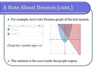 A Note About Desmos (cont.)
 For example, here’s the Desmos graph of the last system:
 The solution is the area inside the purple region.
(To get the  symbol, type <=)
 