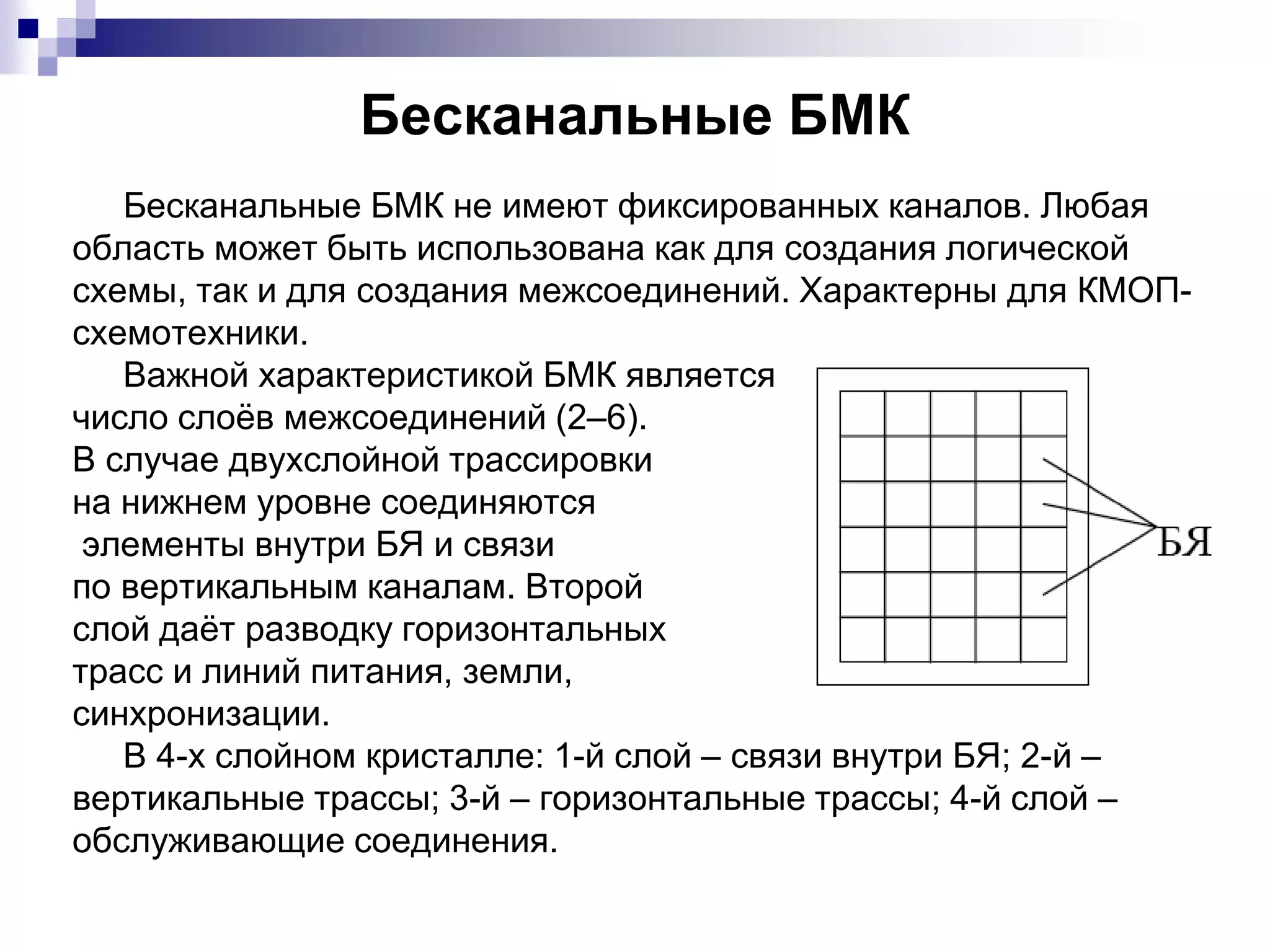 Бесканальные БМК
Бесканальные БМК не имеют фиксированных каналов. Любая
область может быть использована как для создания логической
схемы, так и для создания межсоединений. Характерны для КМОП-
схемотехники.
Важной характеристикой БМК является
число слоёв межсоединений (2–6).
В случае двухслойной трассировки
на нижнем уровне соединяются
элементы внутри БЯ и связи
по вертикальным каналам. Второй
слой даёт разводку горизонтальных
трасс и линий питания, земли,
синхронизации.
В 4-х слойном кристалле: 1-й слой – связи внутри БЯ; 2-й –
вертикальные трассы; 3-й – горизонтальные трассы; 4-й слой –
обслуживающие соединения.
 
