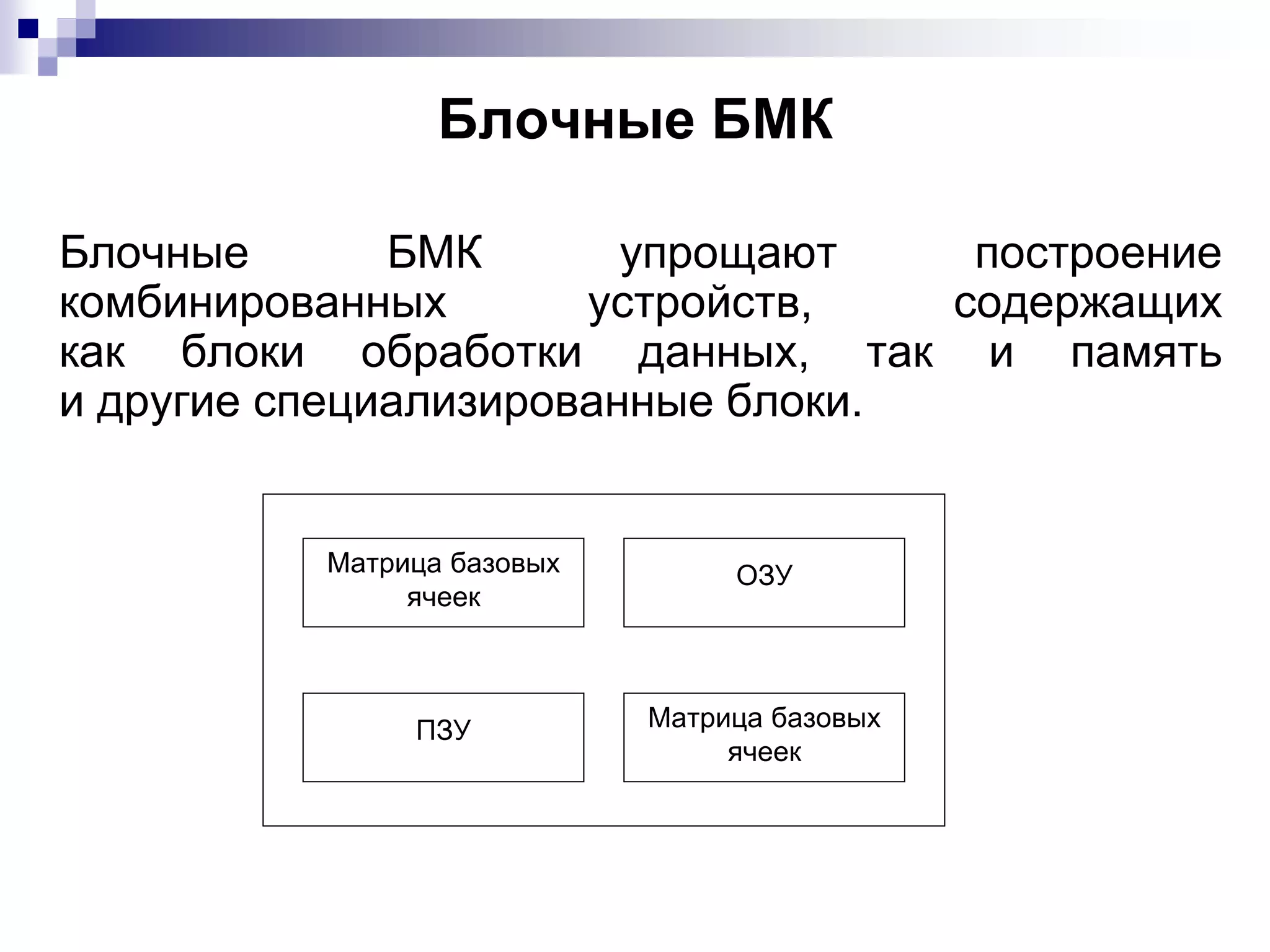 Блочные БМК
Блочные БМК упрощают построение
комбинированных устройств, содержащих
как блоки обработки данных, так и память
и другие специализированные блоки.
Матрица базовых
ячеек
ОЗУ
ПЗУ Матрица базовых
ячеек
 
