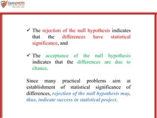 MBA 901
 The rejection of the null hypothesis indicates
that the differences have statistical
significance, and
 The acceptance of the null hypothesis
indicates that the differences are due to
chance.
Since many practical problems aim at
establishment of statistical significance of
differences, rejection of the null hypothesis may,
thus, indicate success in statistical project.
 
