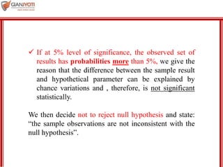 MBA 901
 If at 5% level of significance, the observed set of
results has probabilities more than 5%, we give the
reason that the difference between the sample result
and hypothetical parameter can be explained by
chance variations and , therefore, is not significant
statistically.
We then decide not to reject null hypothesis and state:
“the sample observations are not inconsistent with the
null hypothesis”.
 
