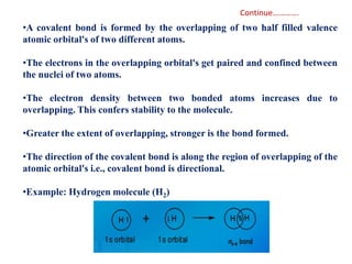 •A covalent bond is formed by the overlapping of two half filled valence
atomic orbital's of two different atoms.
•The electrons in the overlapping orbital's get paired and confined between
the nuclei of two atoms.
•The electron density between two bonded atoms increases due to
overlapping. This confers stability to the molecule.
•Greater the extent of overlapping, stronger is the bond formed.
•The direction of the covalent bond is along the region of overlapping of the
atomic orbital's i.e., covalent bond is directional.
•Example: Hydrogen molecule (H2)
Continue………….
 