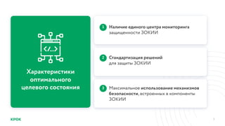 3
Характеристики
оптимального
целевого состояния
Наличие единого центра мониторинга
защищенности ЗОКИИ
1
Стандартизация решений
для защиты ЗОКИИ
2
Максимальное использование механизмов
безопасности, встроенных в компоненты
ЗОКИИ
3
 