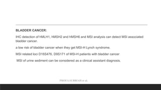 PROF.S.SUBBIAH et al.
BLADDER CANCER:
IHC detection of hMLH1, hMSH2 and hMSH6 and MSI analysis can detect MSI associated
bladder cancer.
a low risk of bladder cancer when they get MSI-H Lynch syndrome.
MSI related loci D16S476, D9S171 of MSI-H patients with bladder cancer
MSI of urine sediment can be considered as a clinical assistant diagnosis.
 