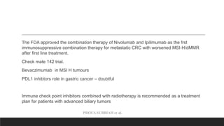 PROF.S.SUBBIAH et al.
The FDA approved the combination therapy of Nivolumab and Ipilimumab as the frst
immunosuppressive combination therapy for metastatic CRC with worsened MSI-H/dMMR
after first line treatment.
Check mate 142 trial.
Bevaczimumab in MSI H tumours
PDL1 inhibtors role in gastric cancer – doubtful
Immune check point inhibitors combined with radiotherapy is recommended as a treatment
plan for patients with advanced biliary tumors
 