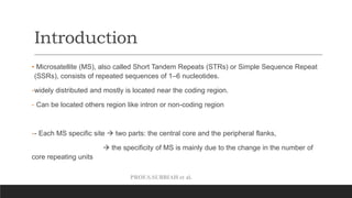 PROF.S.SUBBIAH et al.
Introduction
• Microsatellite (MS), also called Short Tandem Repeats (STRs) or Simple Sequence Repeat
(SSRs), consists of repeated sequences of 1–6 nucleotides.
-widely distributed and mostly is located near the coding region.
- Can be located others region like intron or non-coding region
-- Each MS specific site  two parts: the central core and the peripheral flanks,
 the specificity of MS is mainly due to the change in the number of
core repeating units
 